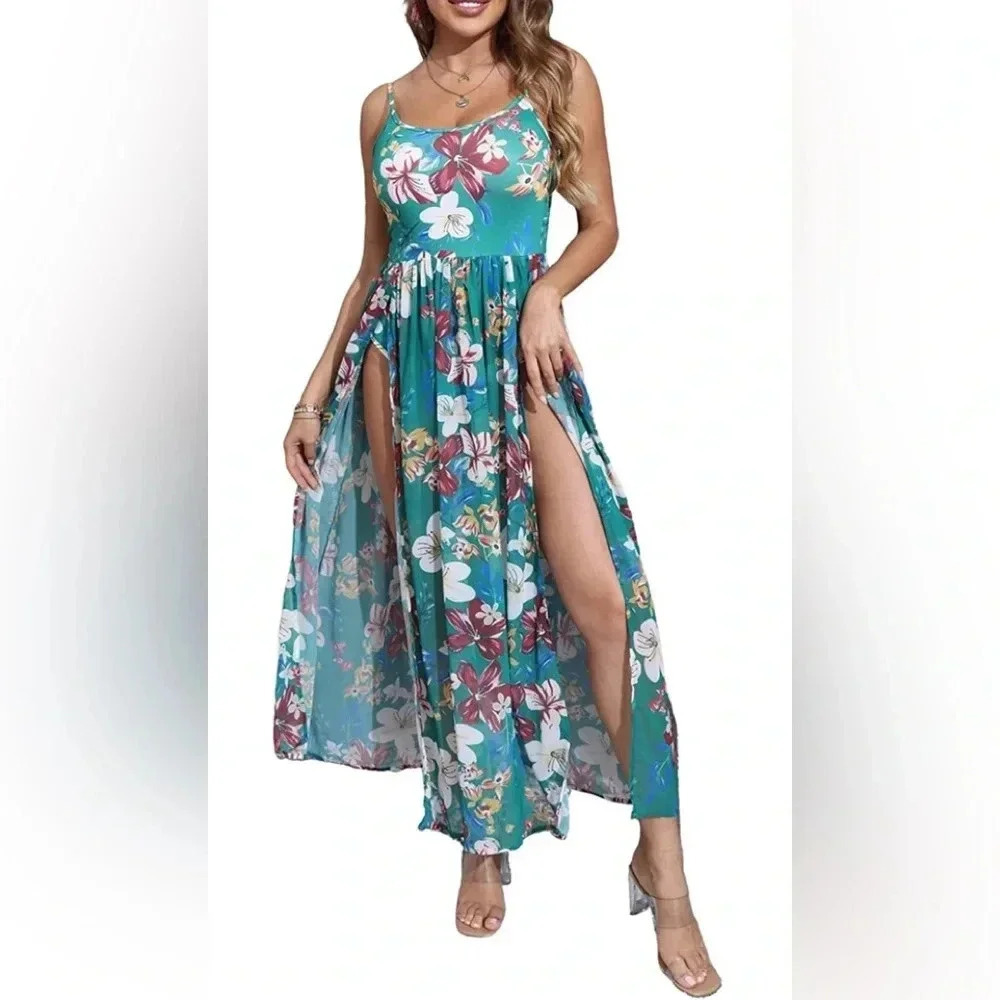 Women Summer Spaghetti Strap Romper Split Maxi Party Casual Dress